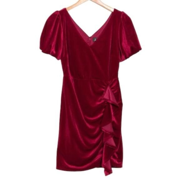 New Sam Edelman Ruched Puff Sleeve Velvet Minidress in Red Size 8 - Picture 8 of 8